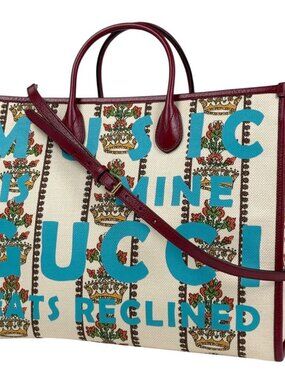 Gucci Large Tote Logo 2-Way Shoulder Bag Canvas Beige Red Multicolor